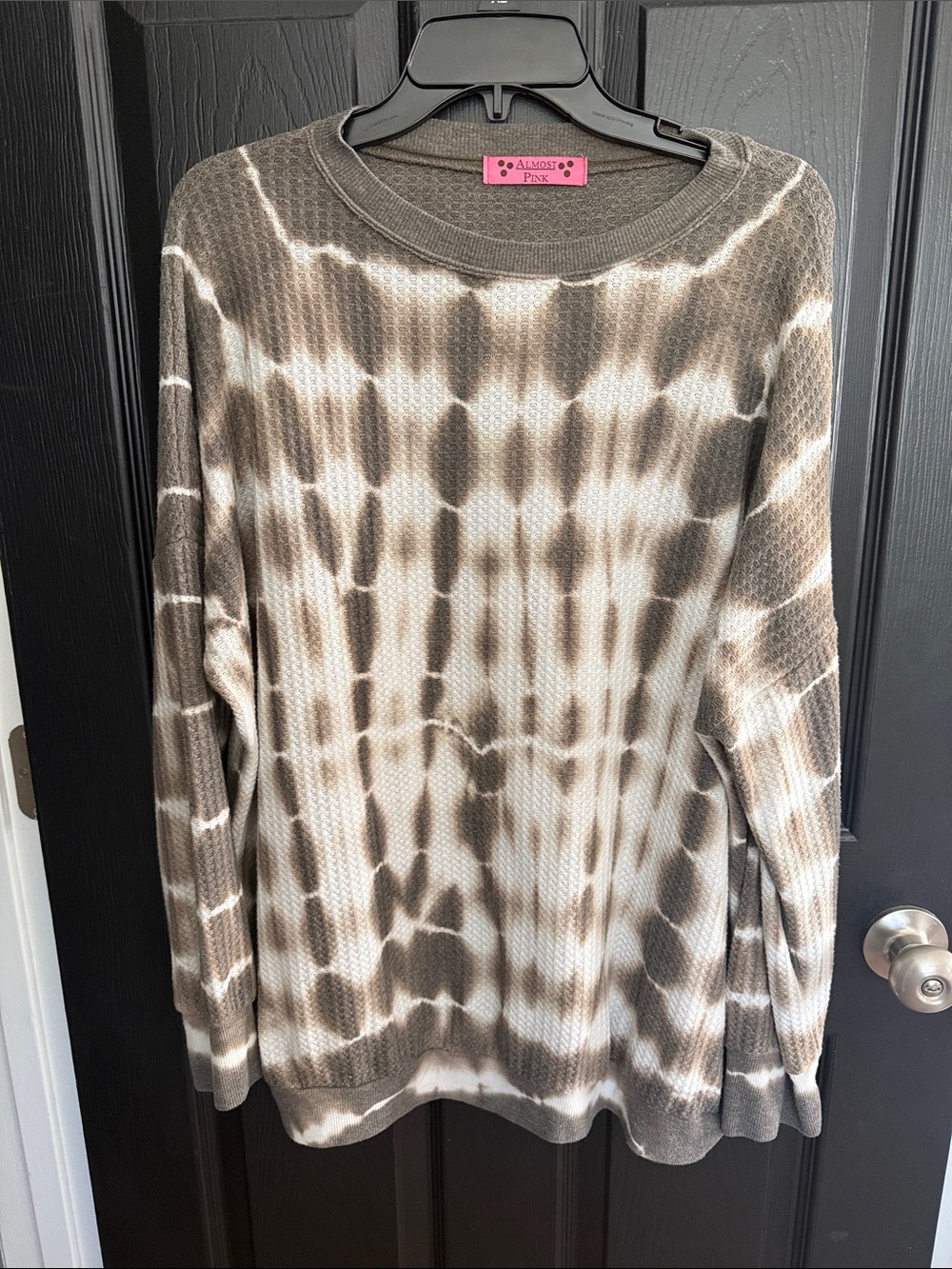 Almost Pink Boutique Tie-Dye Waffle Knit Crew Tunic in Brown and Cream